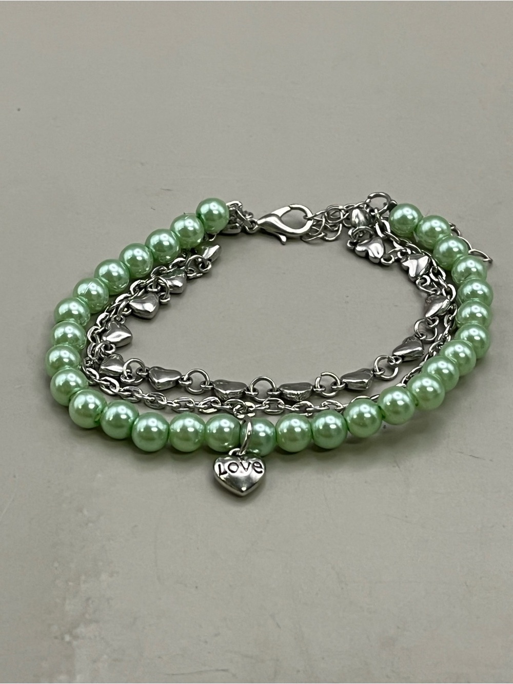Mint Green Faux Pearl Love Heart Charm Layered Multi Strand Silver Chain